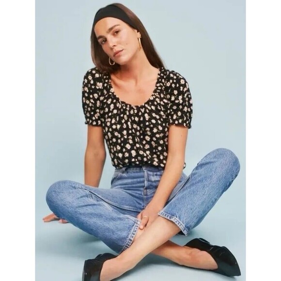 Reformation Tops - Reformation Cheyanne Hayley Black Floral Short Sleeve Blouse Top Women’s Size XS